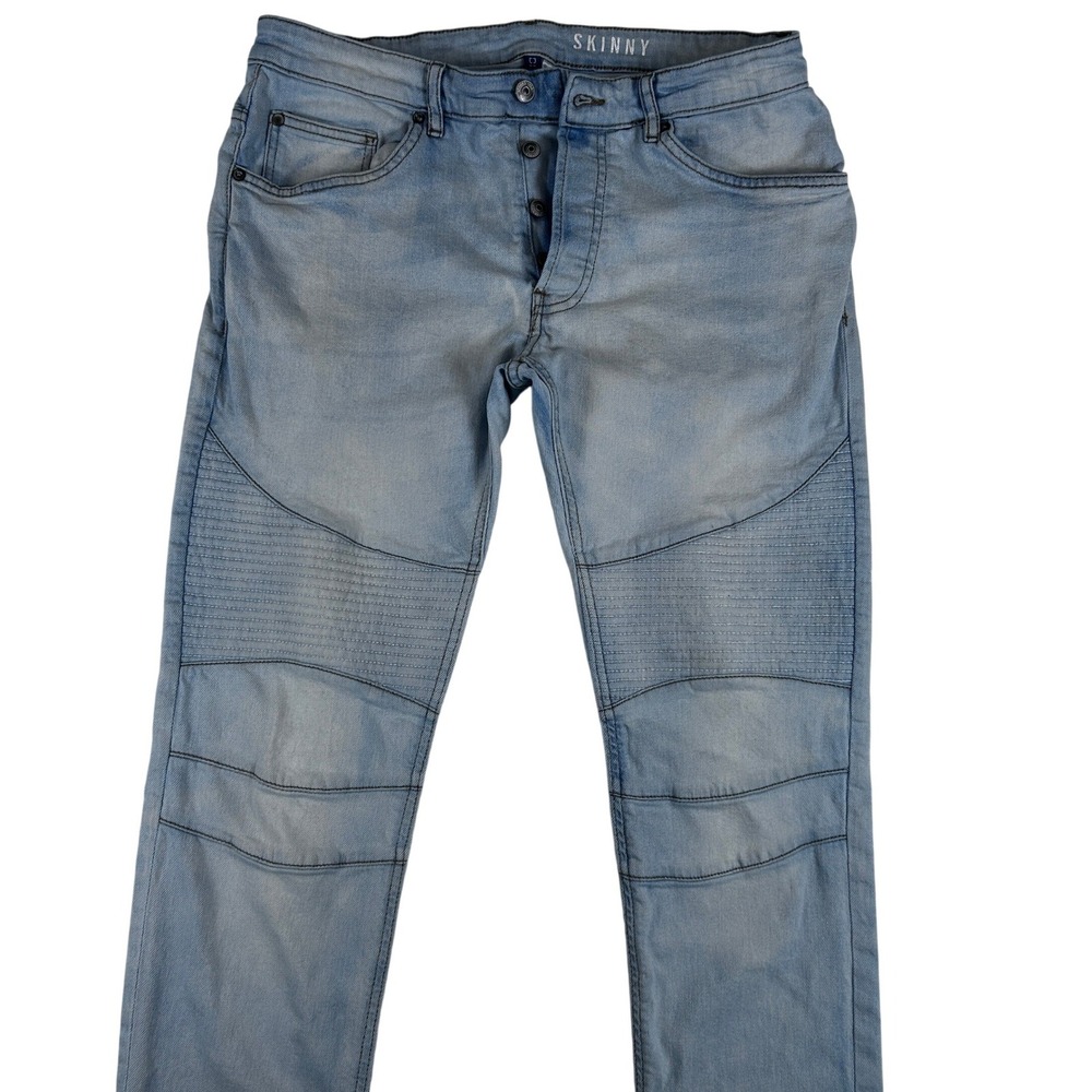 HM‎ Divided Mens Skinny Moto Biker Jeans Light Wash Blue Ribbed Knee Size 34